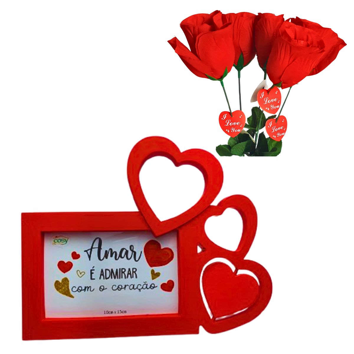 Kit Porta Retrato Coração Vermelho Amor Love + 5 Botões de Rosas Artificiais Embalado Celofane C/ Tag Kit Porta Retrato Coração Vermelho Amor Love + 5 Botões de Rosas Artificiais Embalado Celofane C/ Tag